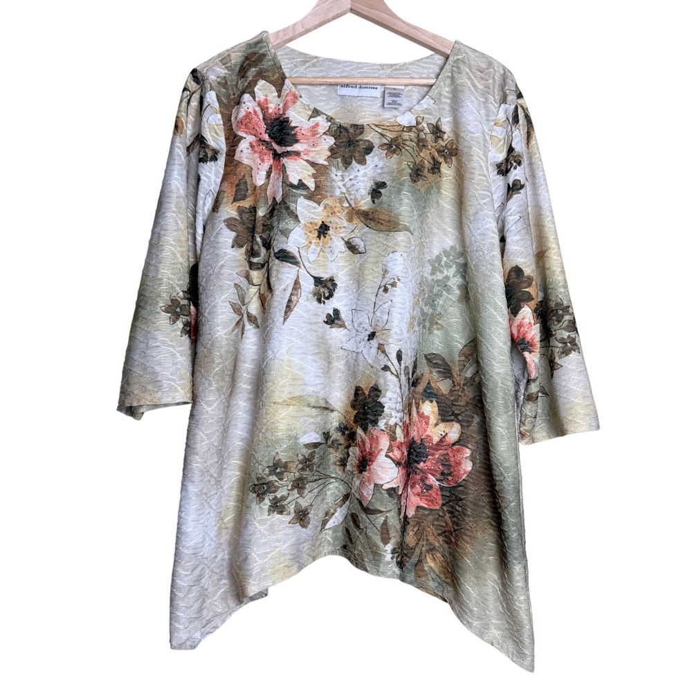Alfred Dunner Blouse XL Watercolor Floral Asymmetrical Rhinestone Top 3/4 Sleeve